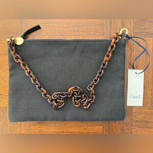 (NWT) CLARE V. - Black Linen Clutch with Tortoise Chain
